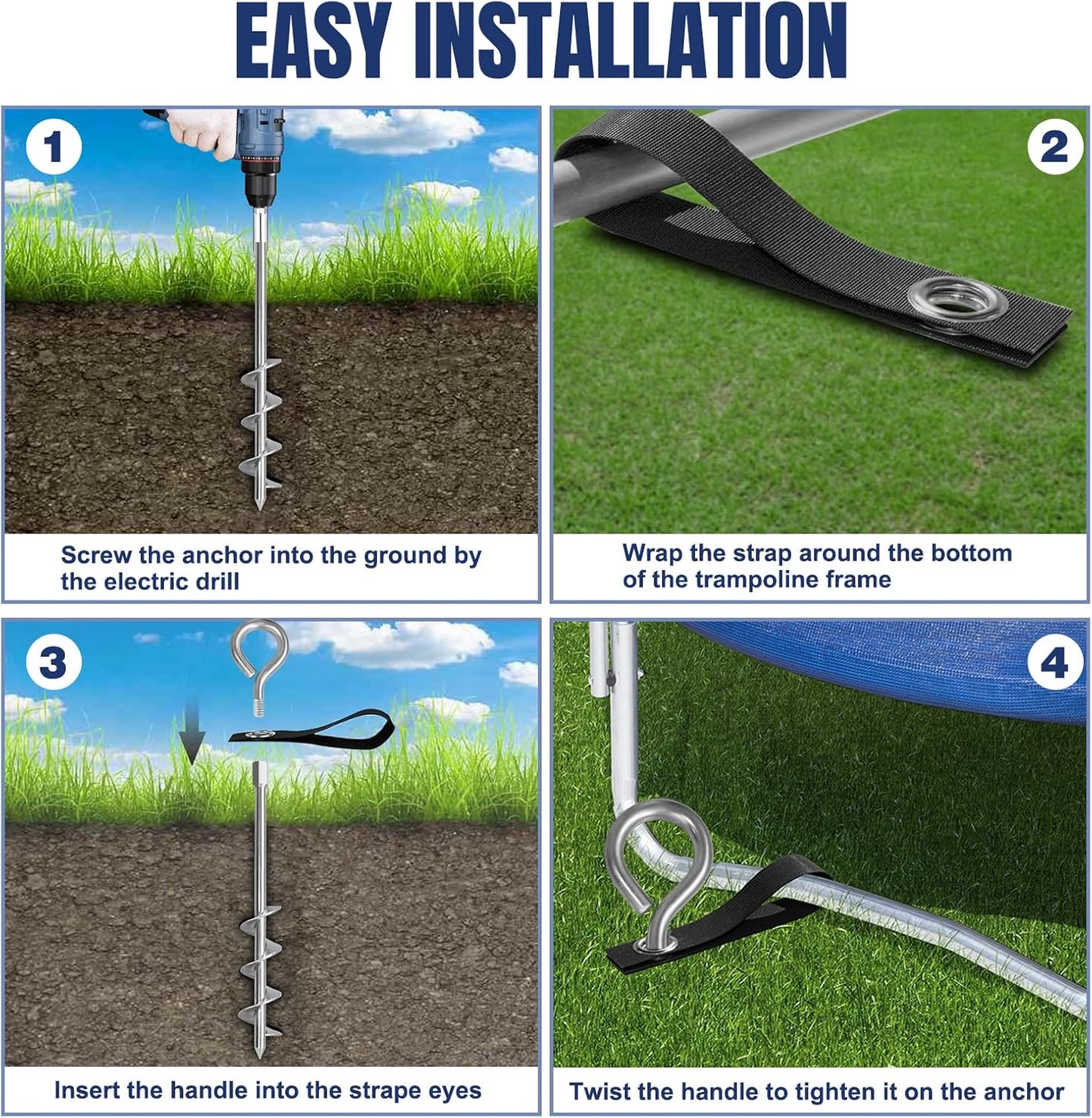 Eurmax USA Trampoline Stakes Screw in Tent Stakes Parts Heavy Duty for Canopies,4-Pack Outdoor Anchor Kit with Straps(Silver)