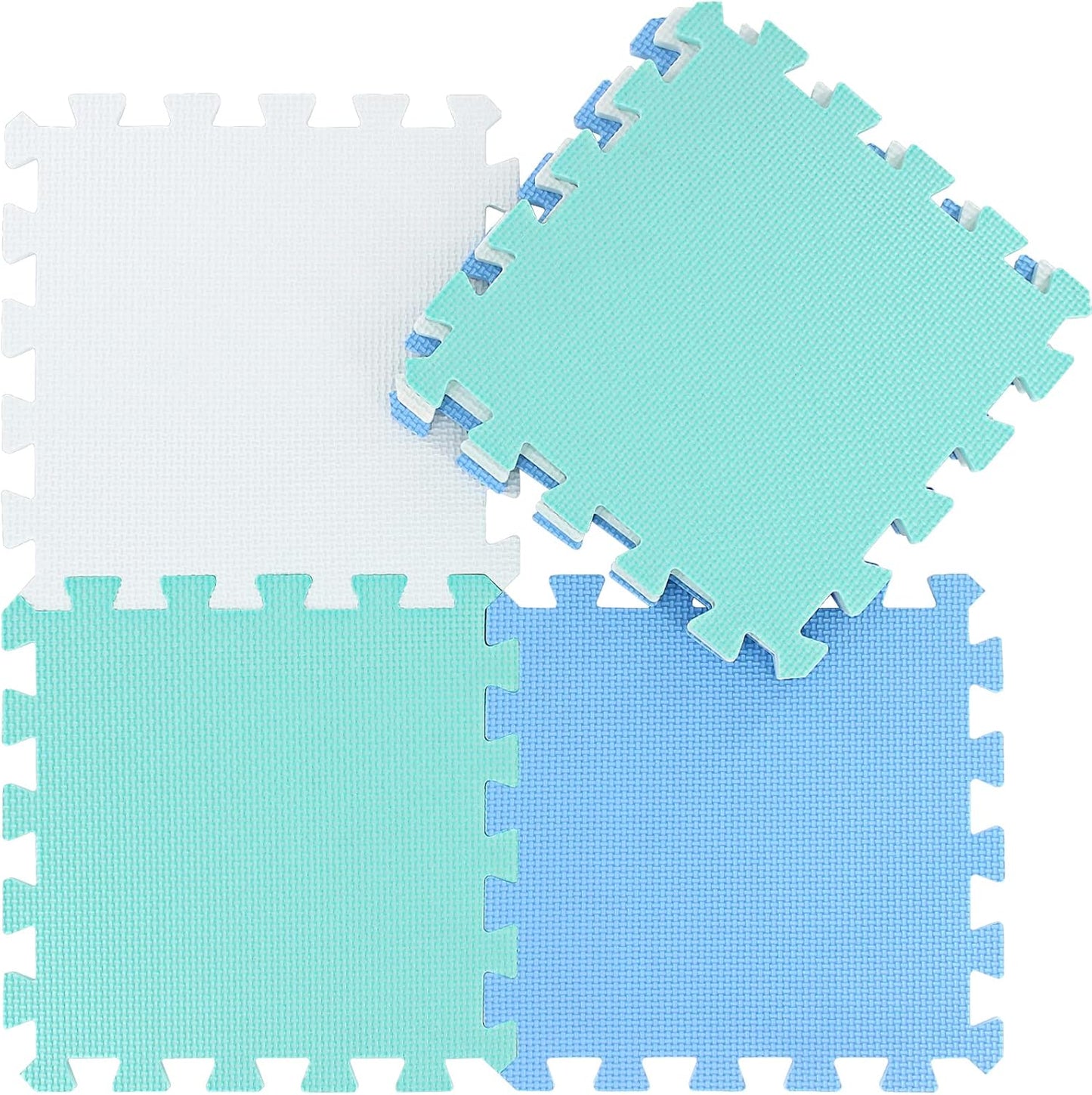qqpp EVA Rubber 18 Tiles Interlocking Puzzle Foam Floor Mats - Baby Play Mat for Playing | Exercise Mat for Home Workout. White, Blue, Green. QC-AGHb18N