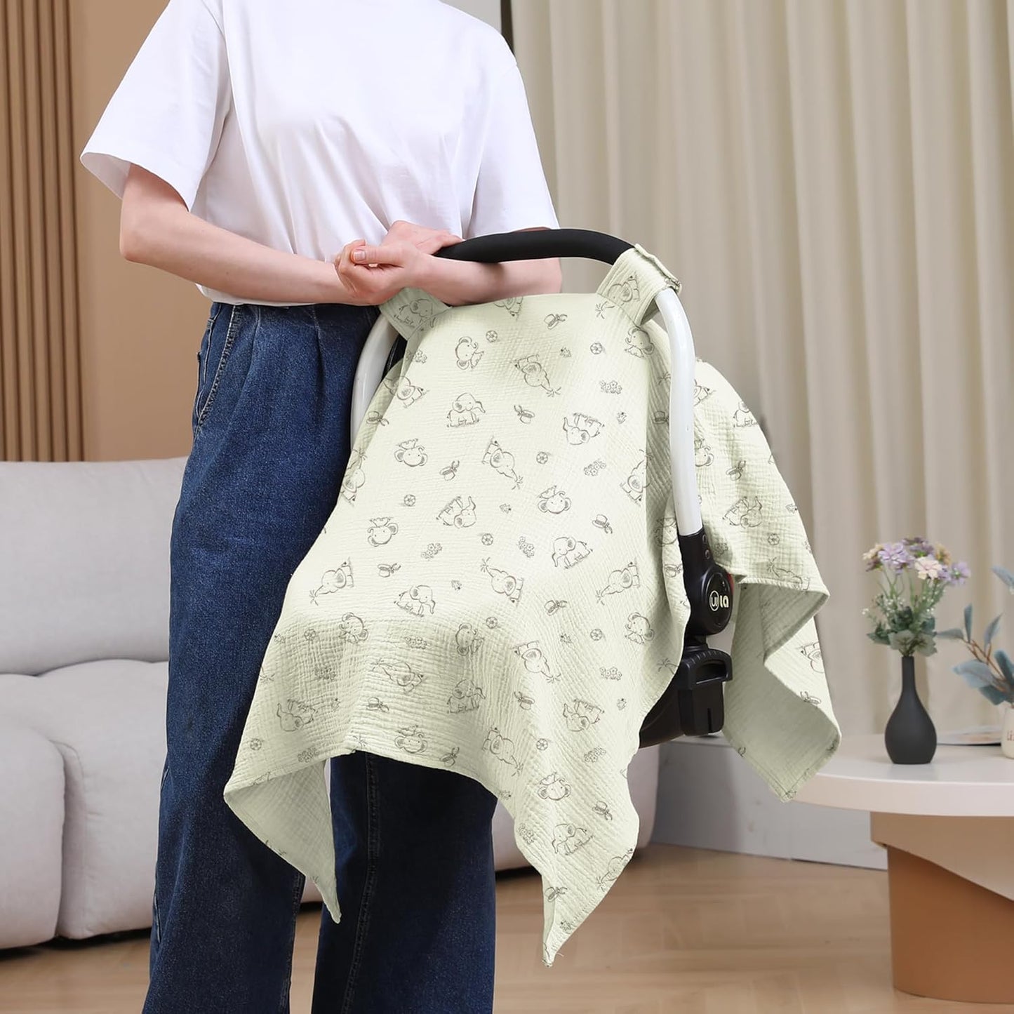 100% Muslin Cotton Car Seat Cover Baby, Carseat Canopy Cover, Universal Fit Stroller Covers for Boys and Girls (Cute Elephant)