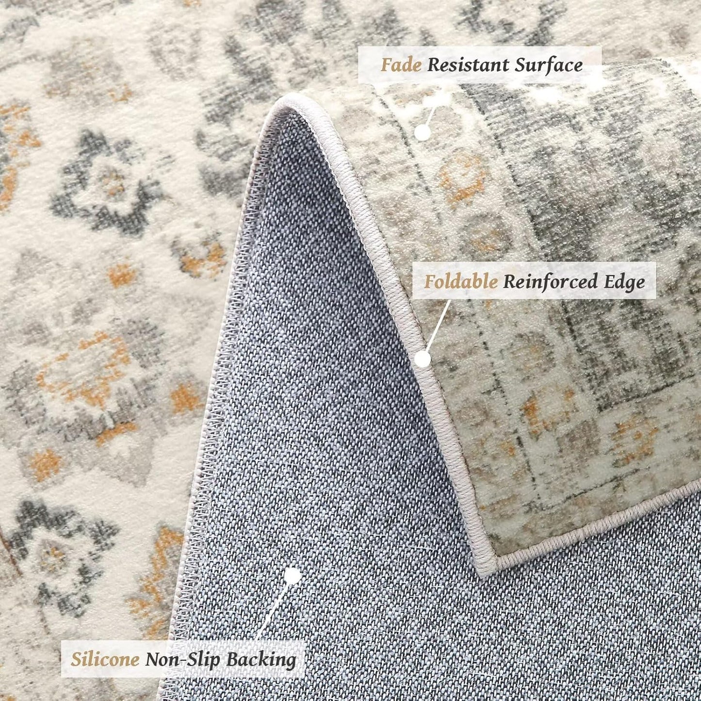Washable 5x7 Area Rugs for Living Room, Boho Non-Slip Silicone Backing Rugs for Bedroom Dining Room Nursery Office, 0.3" Neutral Oriental Throw Carpet with 0.16" Cushioning Pad, Grey/Multi