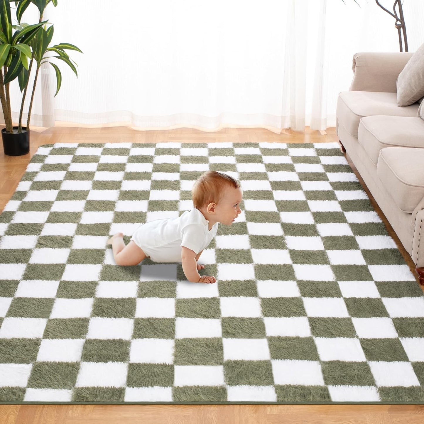 Super Soft Rug for Bedroom, 8x10 Ft Green and White Area Rug Classic Checkered Shaggy Anti-Skid High Pile Soft Fluffy Rug Fuzzy Carpet for Living Room Bedroom Kids Room Nursery, Dorm Home Decor