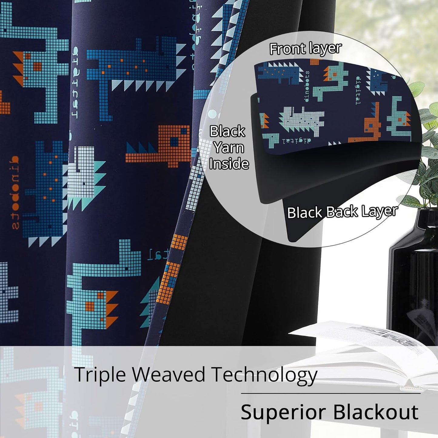 Kids Blackout Curtains - Pixel Dinosaur Curtains, 100% Blackout, 2 Panels, Each W52×L84, Thermal Insulated, Noise Reducing for Kids Bedroom, Bring a Playful and Retro Touch to Your Child’s Room