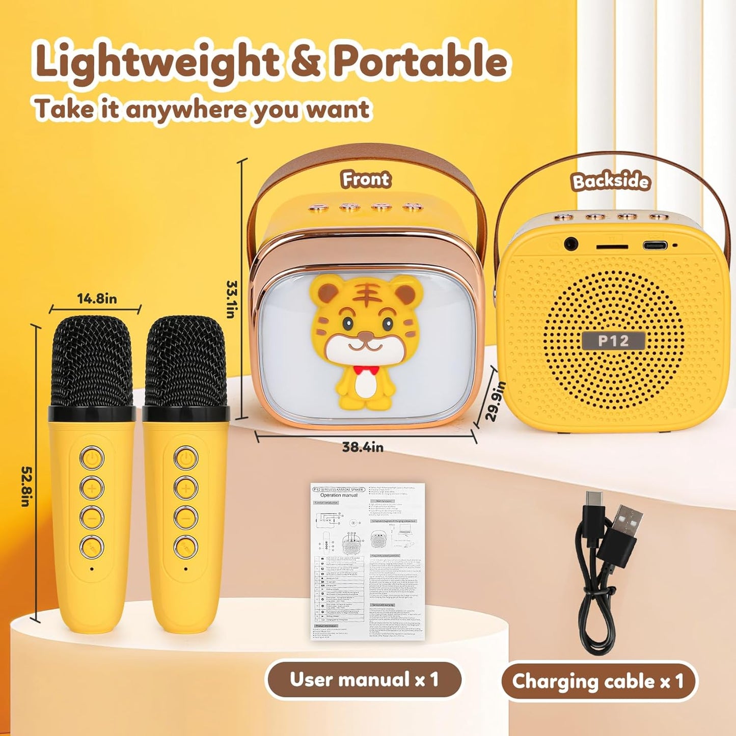 Karaoke Machine for Kids, Portable Mini Karaoke Machine with 2 Wireless Microphones, 4 5 6 7 8 9 10 Years Old Girl Boy Easter Christmas Birthday Gift Tiger Speaker Toys