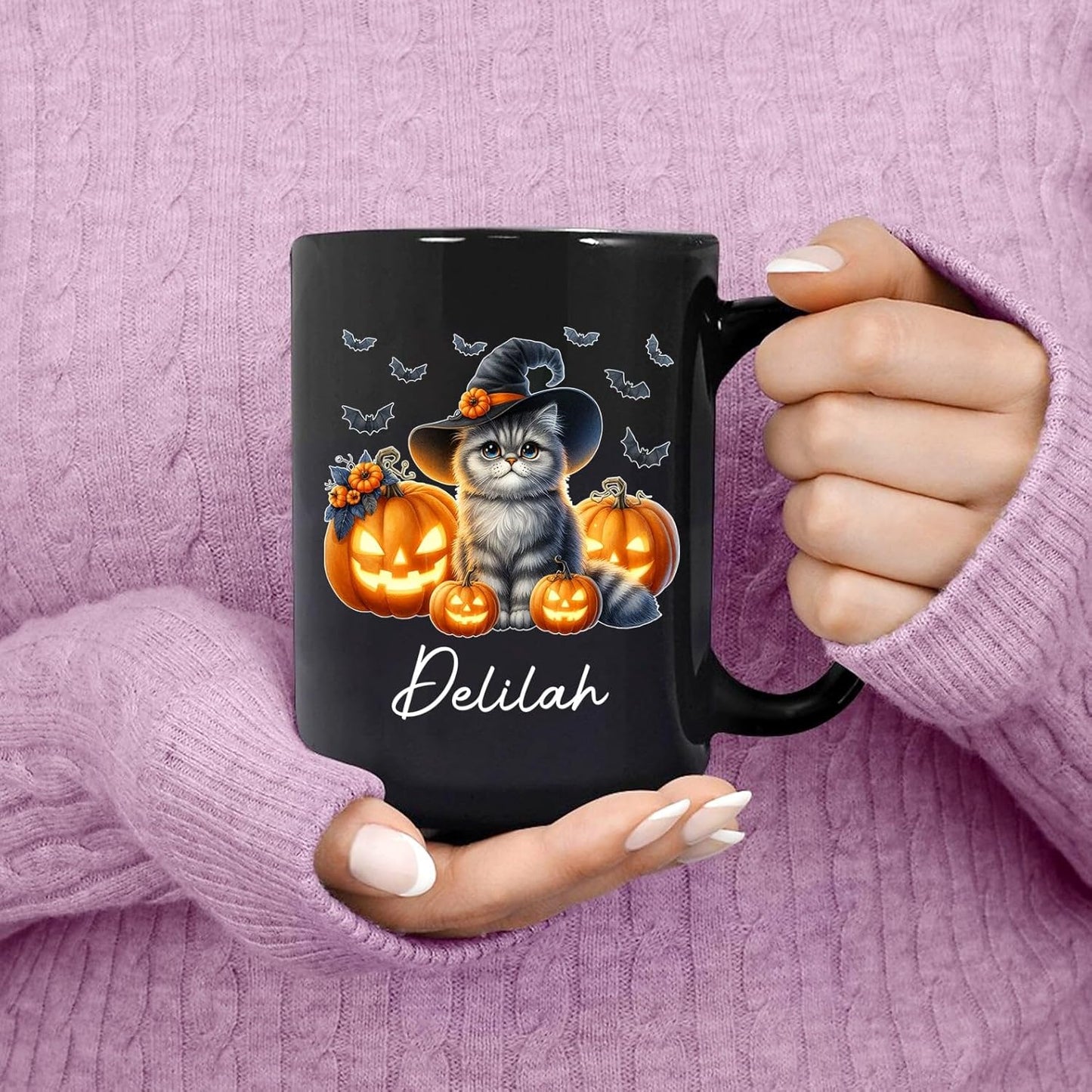 Customized Halloween British Longhair Mug with Name, Personalized British Longhair with Pumpkins Coffee Cup, Witch Cat Ceramic Mug, Pet Halloween Black Cup 11oz 15oz, Gift for Cat Dad Mom