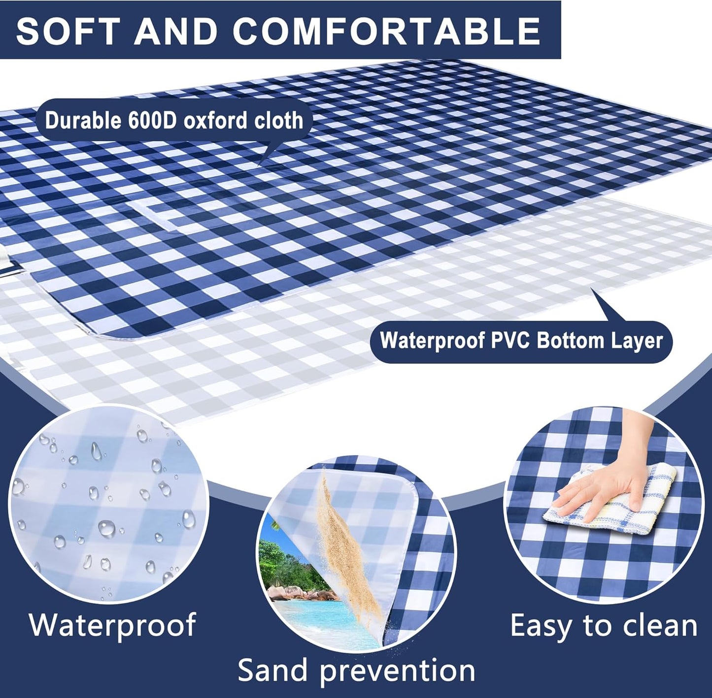 80"x80" Extra Large Waterproof Outdoor Mat - Sandproof Foldable Picnic Blanket for Family Camping, Backyard, Beach Parties - Heavy Duty & Easy Storage (Blue&White)