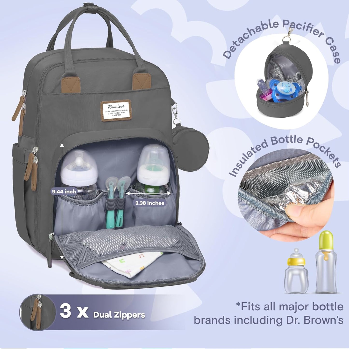 RUVALINO Diaper Bag Backpack, Multifunction Travel Back Pack Maternity Baby Changing Bags, Large Capacity, Waterproof and Stylish, Iron Gray