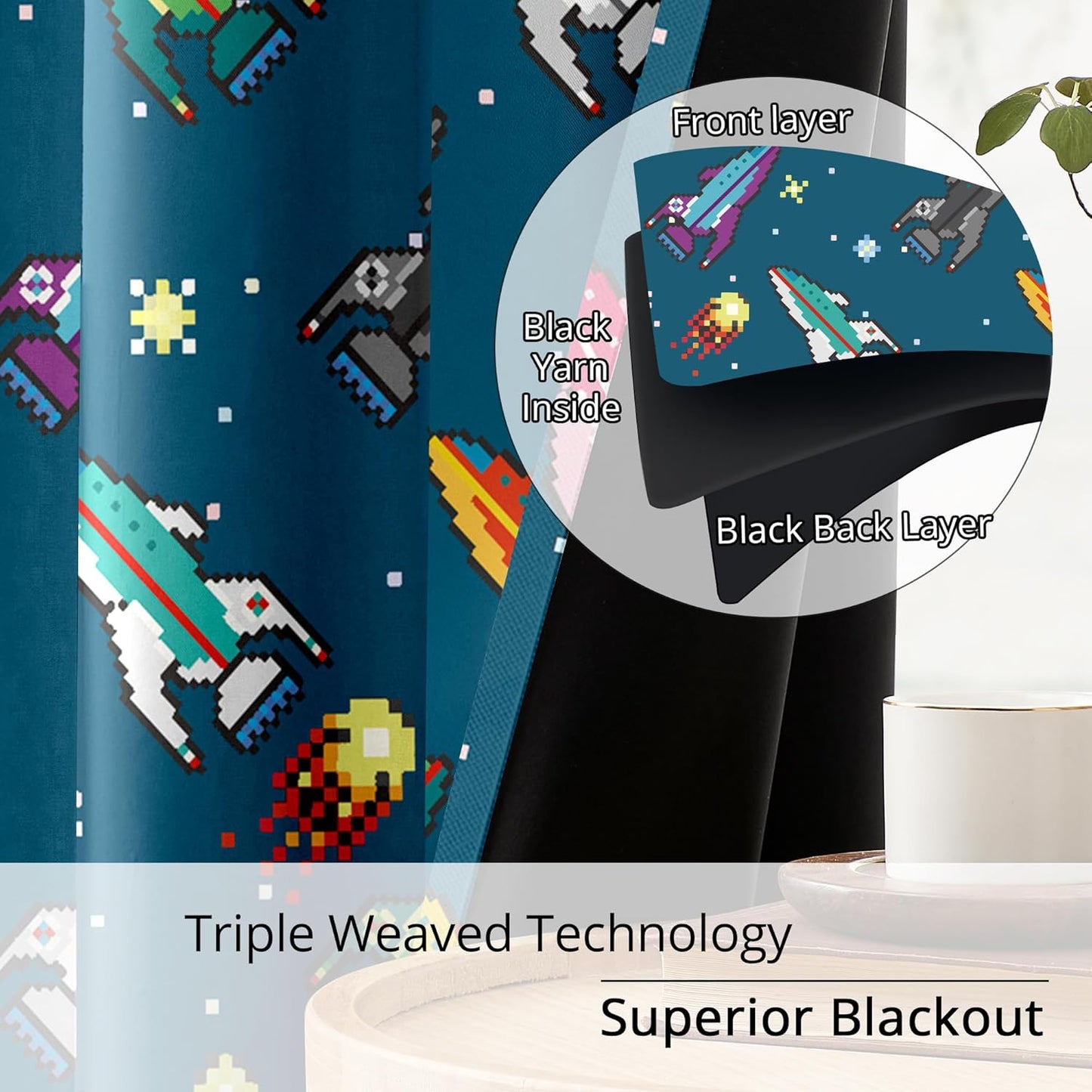 Pixel Rocket Kids Blackout Curtains - 100% Blackout, Thermal Insulated, Noise Reducing, Perfect for Kids Room and Nursery, 2 Panels (Pixel Rocket Fleet, W52×L84)