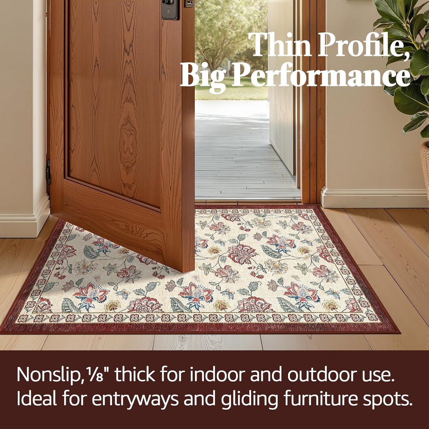 jinchan 3x5 Floral Rug for Entryway Washable Kitchen Rug Vintage Romance Design Small Mat Non Slip Indoor Doormat Lightweight Low-Profile Throw Carpet for Entrance Bathroom Laundry Room, Red/Beige