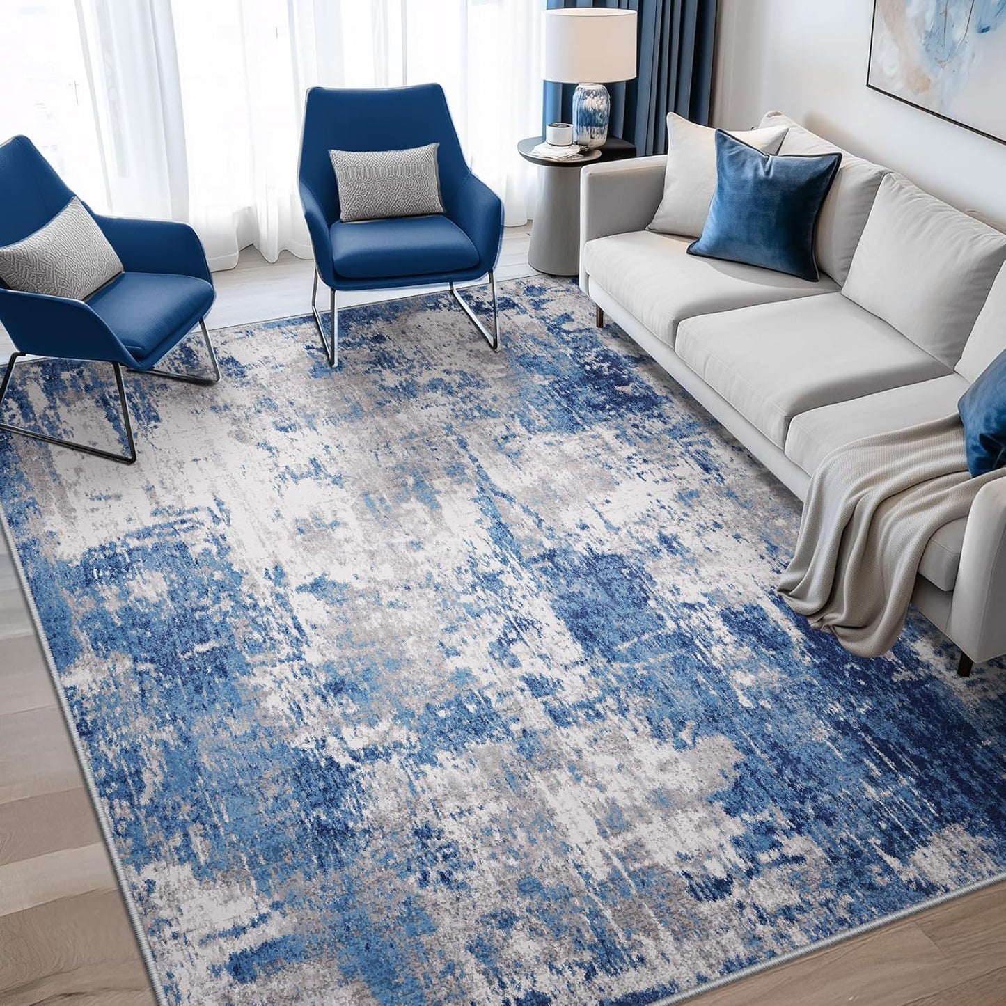 Washable Area Rugs 8'x10' Non-Slip Modern Abstract Soft for Living Room Entryway Bedroom Nursery, Print Pattern, Blue Grey Navy Gray