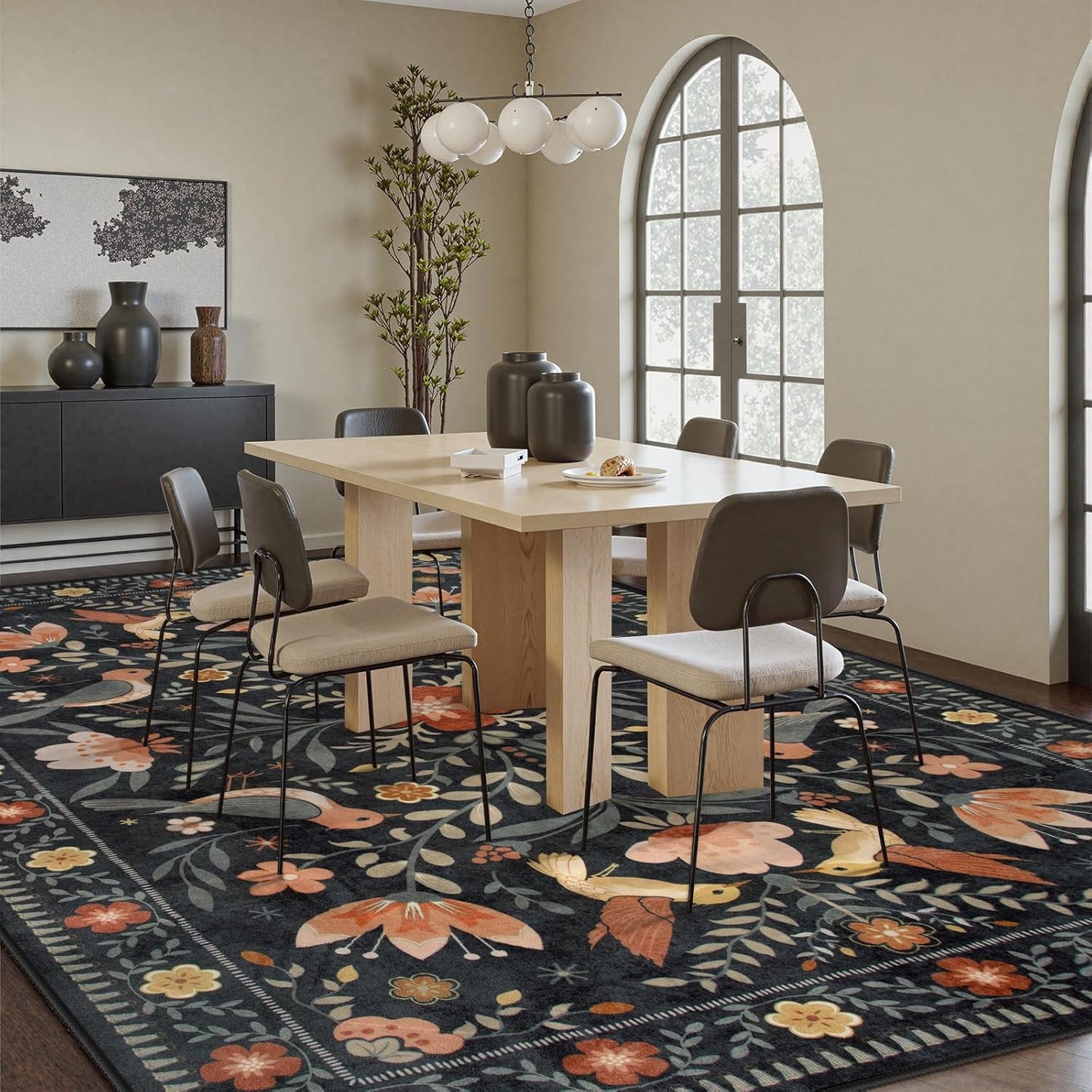 Moynesa Boho Bird Area Rug 9x12 for Living Room, Washable Rugs 9x12 Black Floral Bedroom Rug Low-Pile Soft Playroom Carpet, Jungle Pattern Vintage Rug Indoor Floor Carpet for Nursery