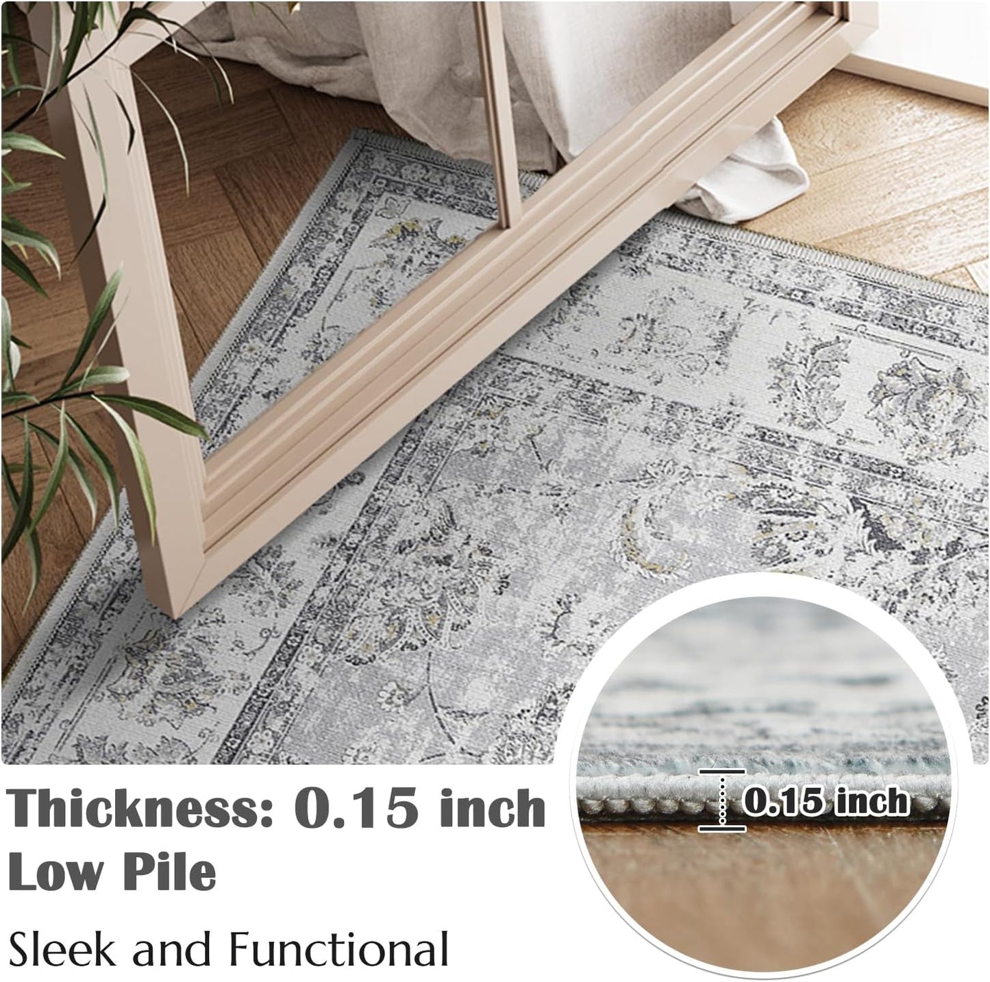 jinchan Long Hallway Runner Rug 2x12 Machine Washable Runner Rug Grey Vintage Floral Design Non-Slip Ultra-Thin for Kitchen Laundry Room Bedroom Farmhouse (2‘x12',Grey)