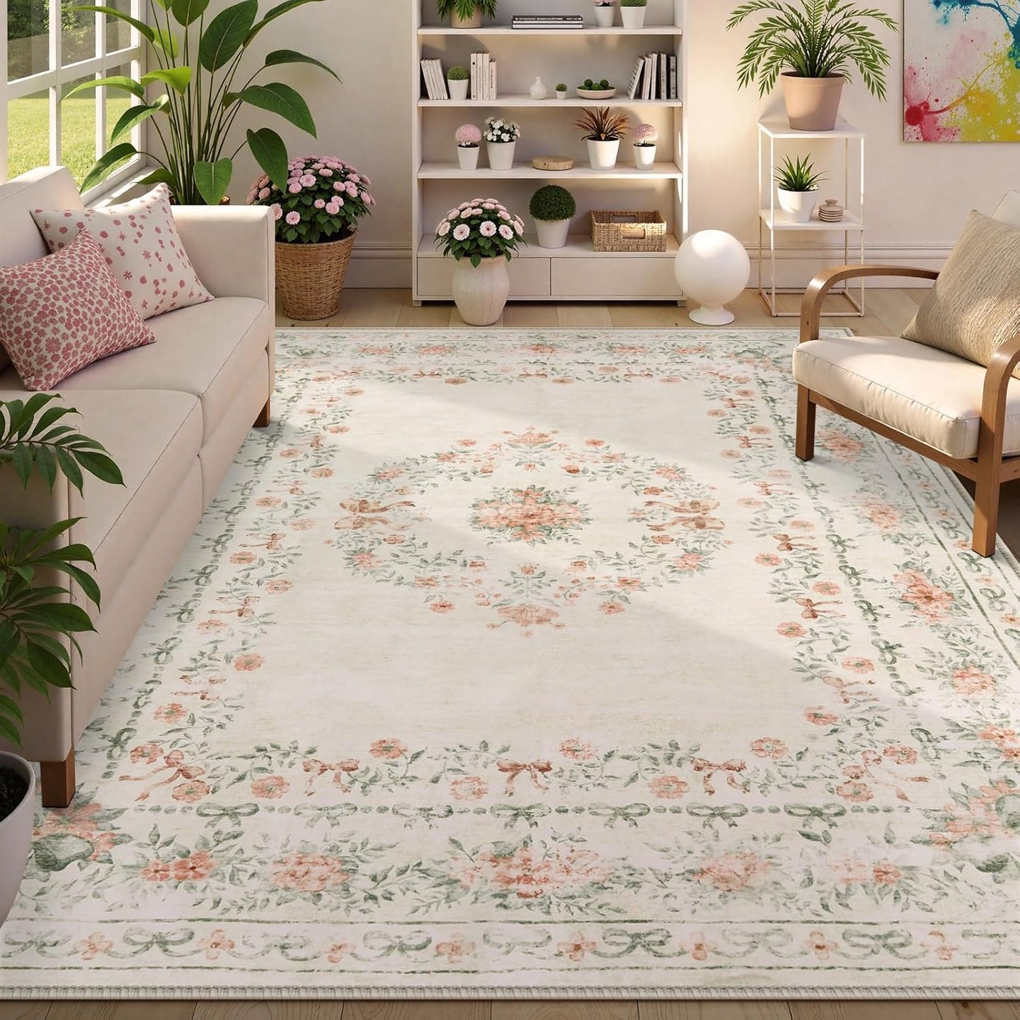 Wonnitar Floral Bow Print Washable 8x10 Rug, Beige Rugs for Living Room, Boho Non Slip Ultra-Thin Soft Neutral Carpet for Nursey Kids Room Dorm Living Room, Beige