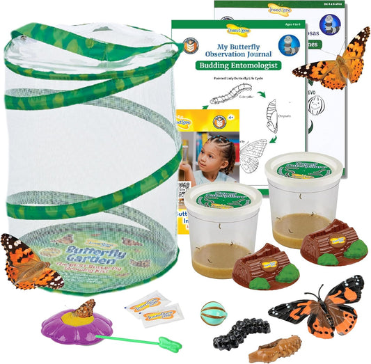 Insect Lore Butterfly Garden with Two Cups of Live Caterpillars, Life Cycle Figurines, English and Spanish Butterfly STEM Activity Journals | 10 Painted Lady Butterfly Baby Caterpillars