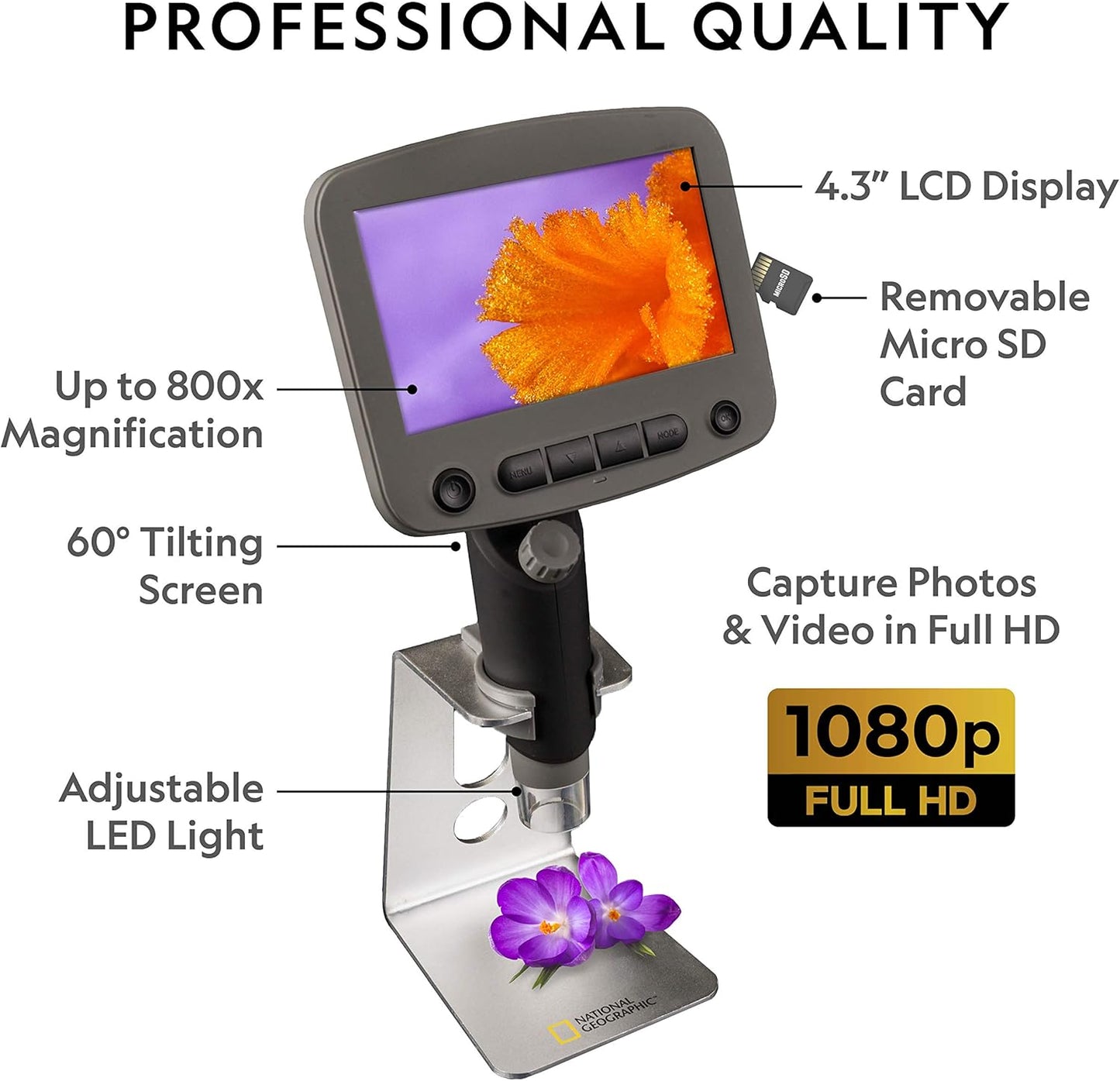 National Geographic Digital Microscope for Kids – 40-Piece Handheld Microscope, Lightweight, Portable, Capture 1080p Photos & Video on Micro SD Card, Tilting 4.3-Inch LCD Screen, 800x Magnification