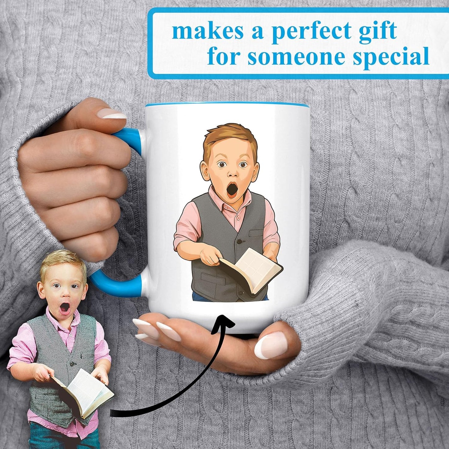 Personalized Coffee Mug, Custom Drawing Portrait Gift, Funny Customized Coffee Gift for Men & Women, Custom Mugs with Pictures, Light Blue 15oz Father's Day Mug