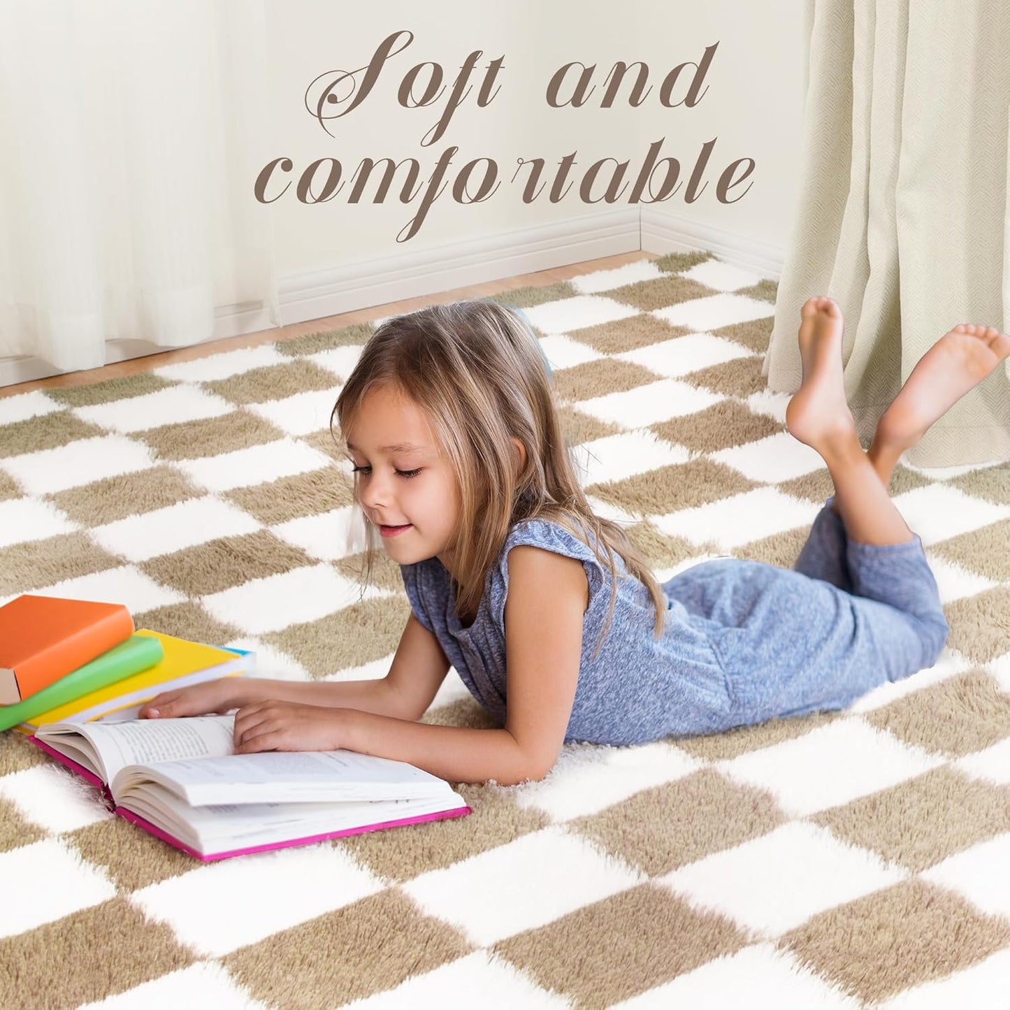 Super Soft Rug for Bedroom, 3x5 Ft Beige and White Area Rug Classic Checkered Shaggy Anti-Skid High Pile Soft Fluffy Rug Fuzzy Carpet for Living Room Bedroom Kids Room Nursery, Dorm Home Decor