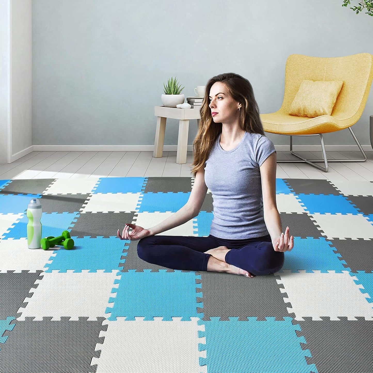 qqpp EVA Rubber 18 Tiles Interlocking Puzzle Foam Floor Mats - Baby Play Mat for Playing | Exercise Mat for Home Workout. White, Blue, Gray. QC-AGLb18N