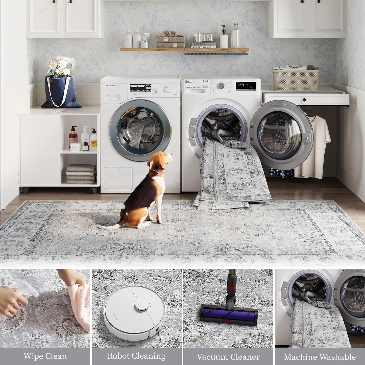 jinchan Runner Rug 2x5-2pcs Kitchen Washable Vintage Hallway Rug Floral Print Floor Cover Indoor Thin Retro Mat Accent Bathroom Laundry Room Bedroom Office Farmhouse (Double,Grey)