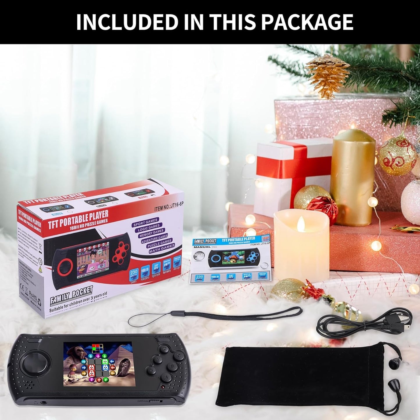 16 Bit Handheld Game for Kids Built-in 230 HD Classic Retro Video Games USB Rechargeable 3.0 Inch Childrens Travel Electronics Toys Portable Gaming Player System Gift for Boys Girls Ages 4-8-12