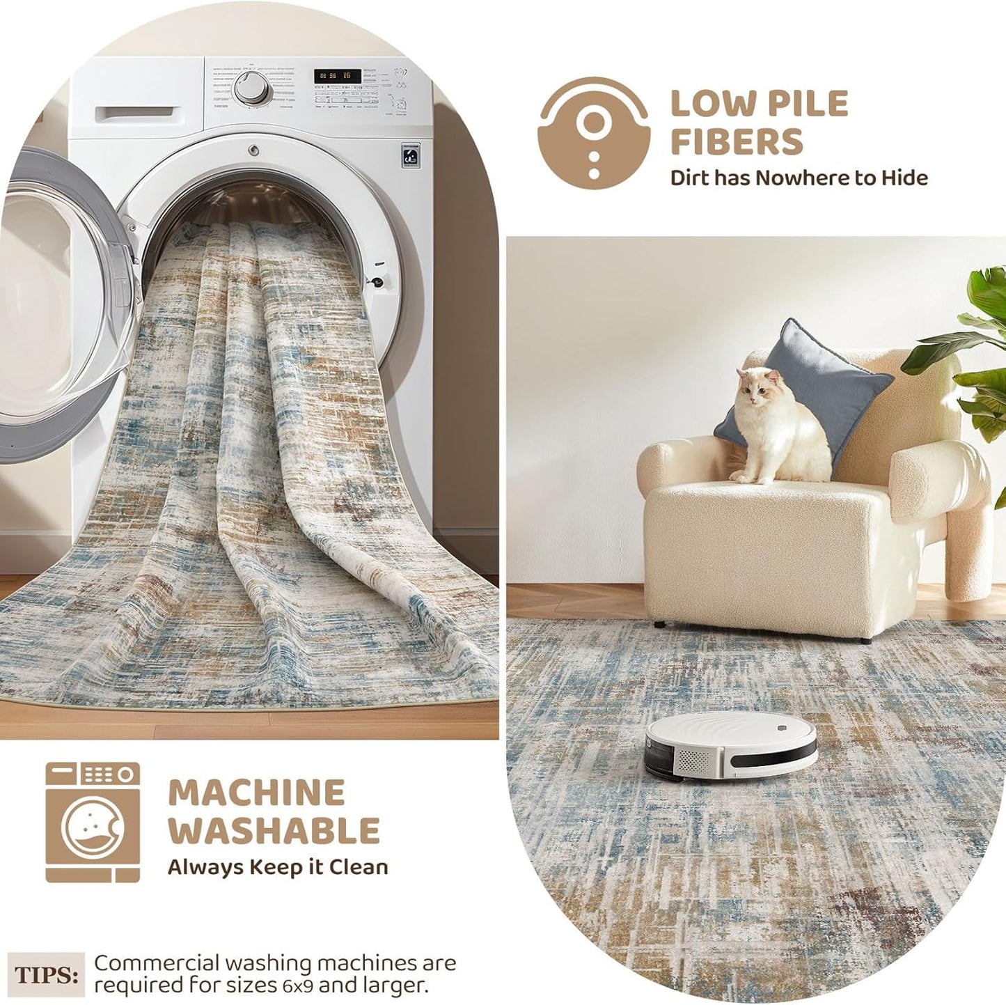 Area Rug for Living Room: 8x10 Washable Neutral Abstract Modern Soft Rugs Non Slip Indoor Floor Stain Resistant Large Carpet for Bedroom Dining Room Office Nursery - Blue Brown