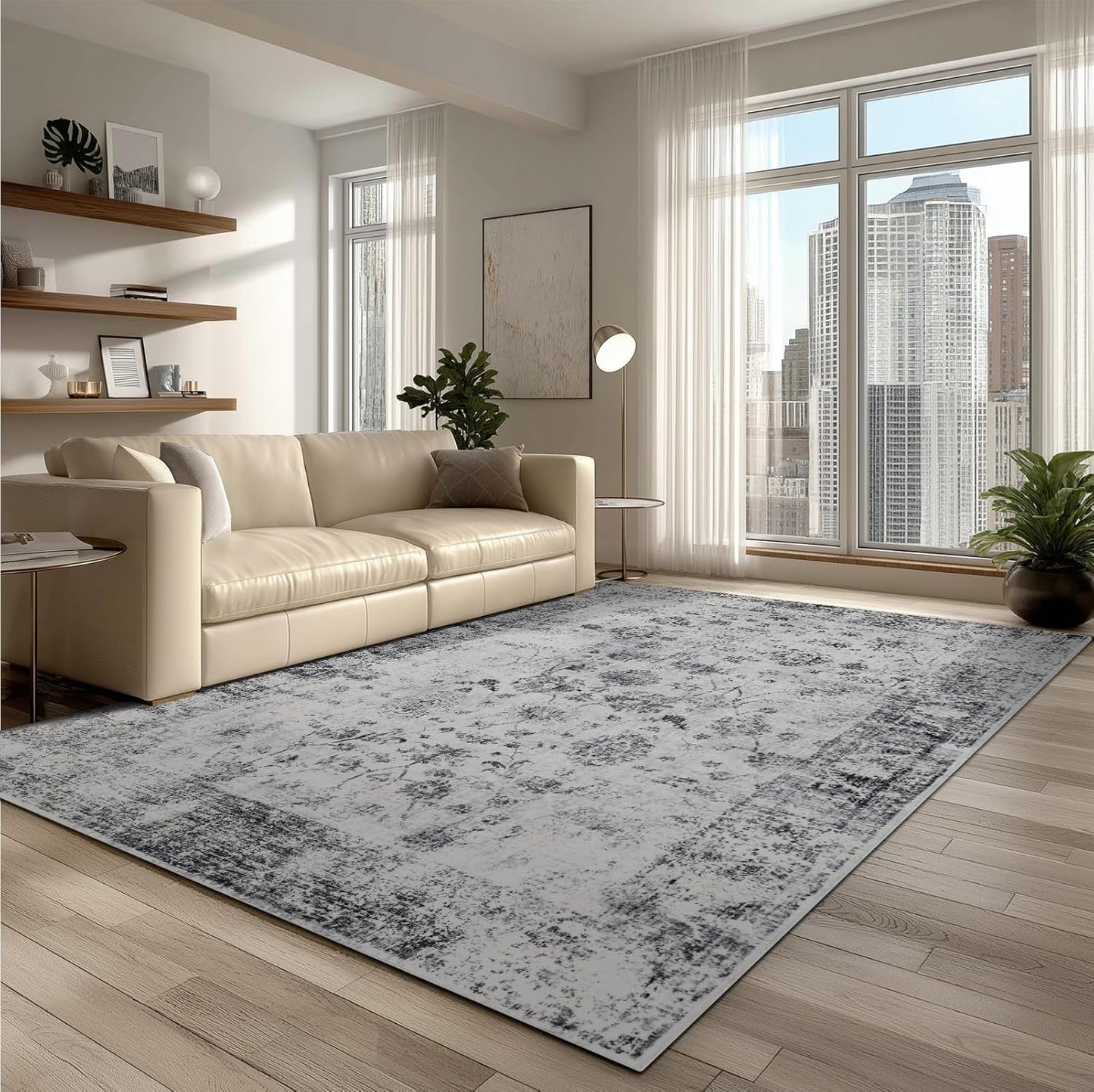 Washable Rugs 5x7 Area Rugs for Living Room, Thin Carpet for Bedroom, Soft Faux Wool Retro Dining Room Rug，Non Slip&Non-Shedding Resistant Low Pile Vintage Print Rug for Home Office (White/Grey)