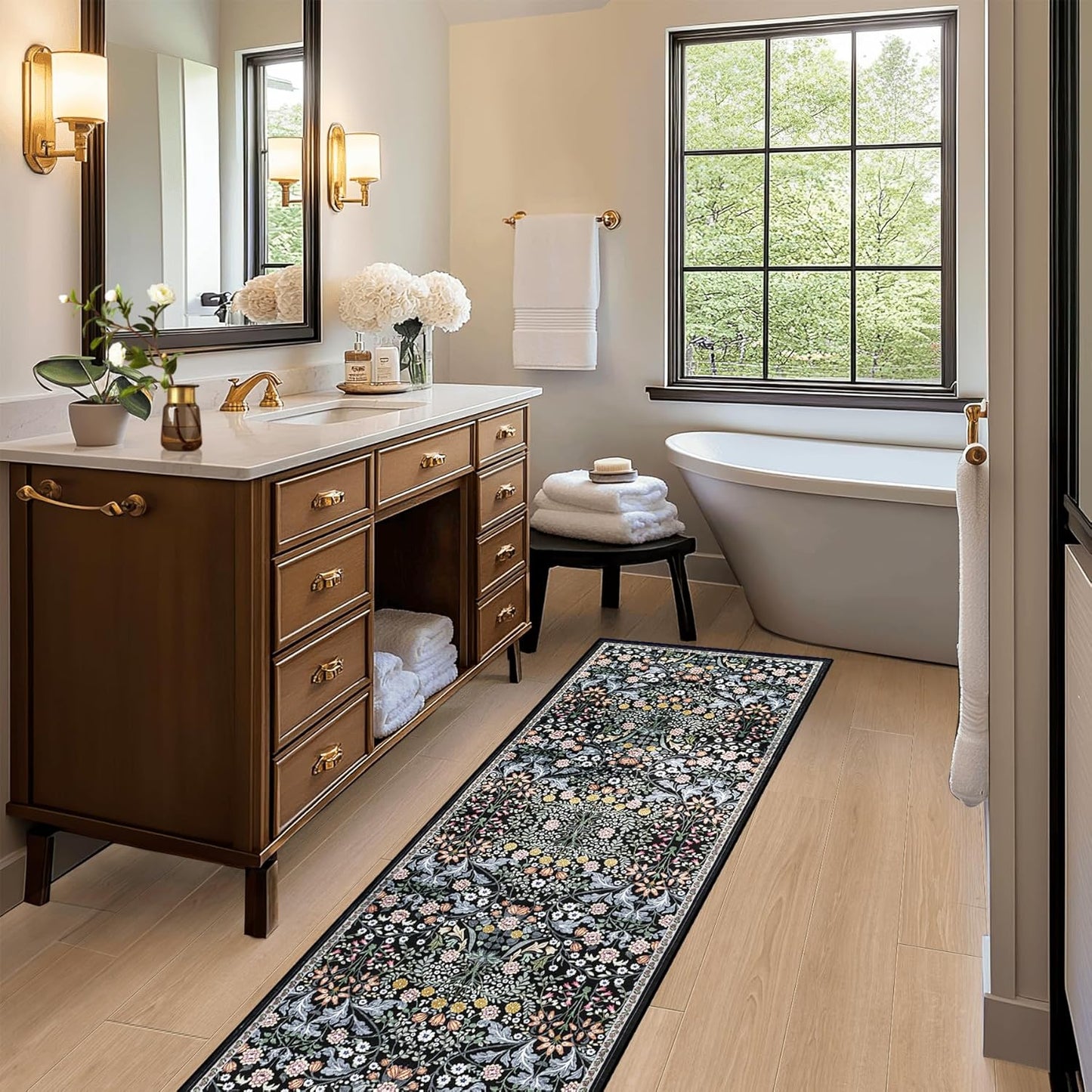 Runner Rug for Entryway: 2.6x8 Kitchen Rugs Non Slip Washable Ultra-Thin Soft Floral Carpet Indoor Stain Resistant Carpets for Hallway Bedroom Kitchen Laundry Bathroom Dorm Dark Black