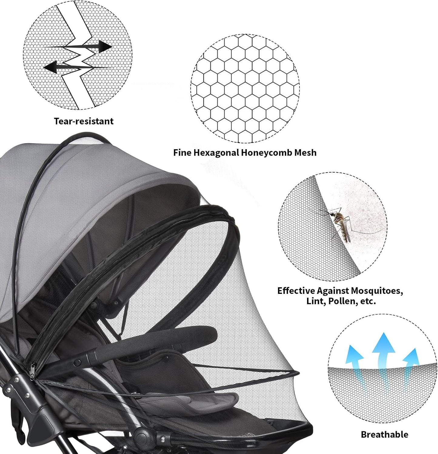 Bemece Universal Baby Stroller Mosquito Net, Durable Mosquito for Stroller with Two-Way Zippers & Storage Bag, Breathable & Foldable Mosquito Nets, Perfect Bug Net for Strollers