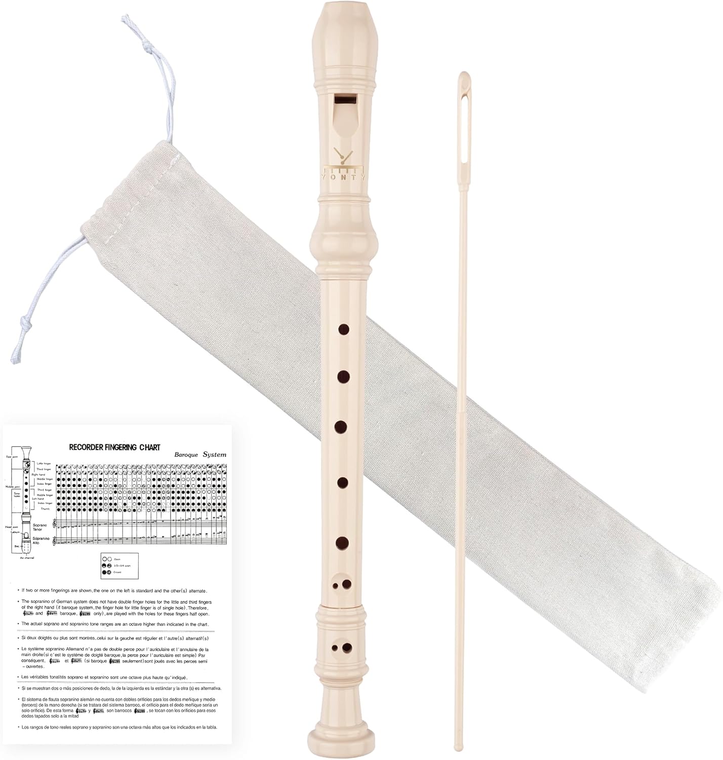 Soprano Recorder 8-Hole Instrument for Beginners Kids Students, Baroque Style C Key Flute with Cleaning Rod & acking Bag for Education & Entertainment - Beige