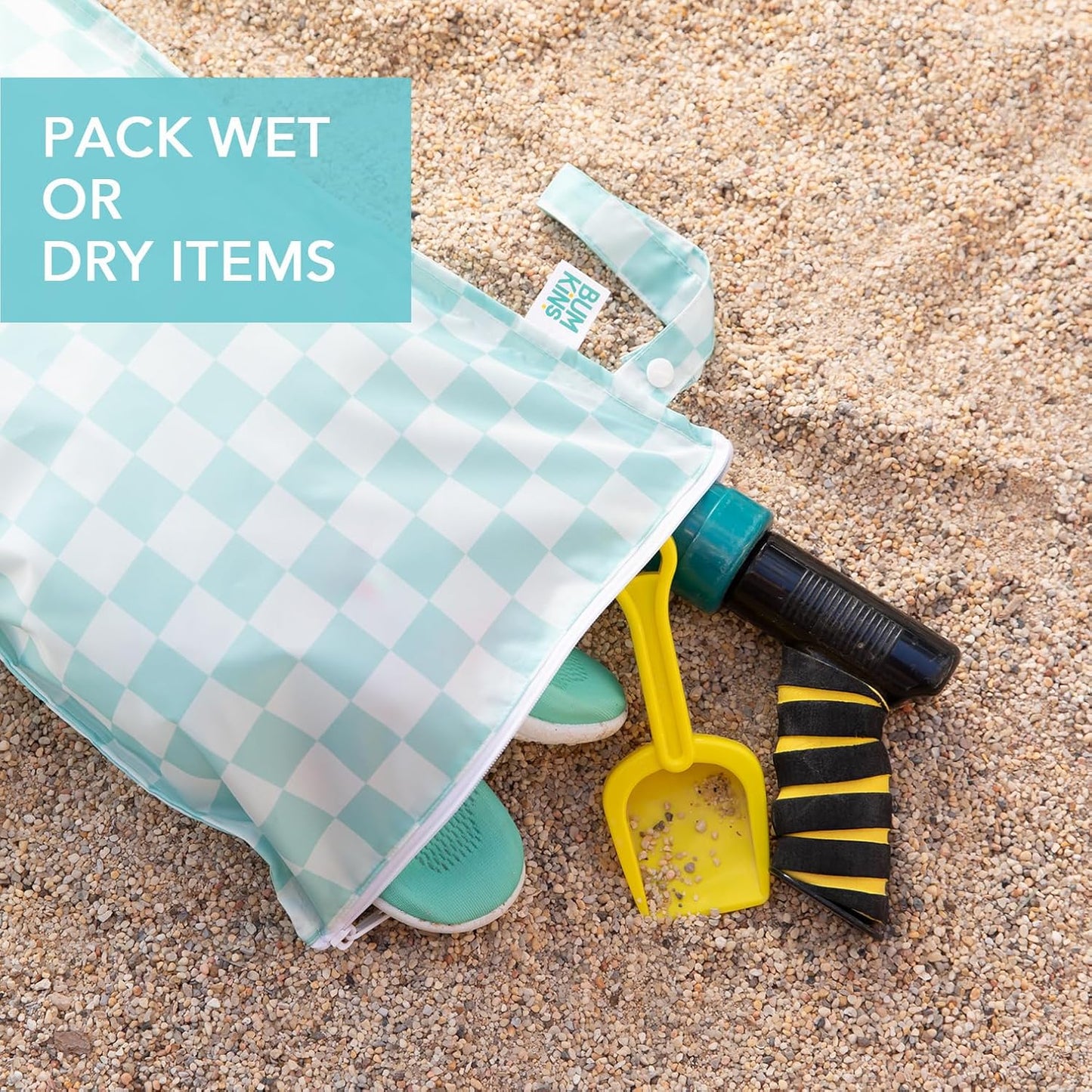 Bumkins - Waterproof Wet Bag - For Baby, Travel, Swim Suit, Cloth Diapers, Pump Parts, Pool, Gym, Toiletry, Strap to Stroller - Reusable & Easy to Clean - 2pk - Gray & Mint Check
