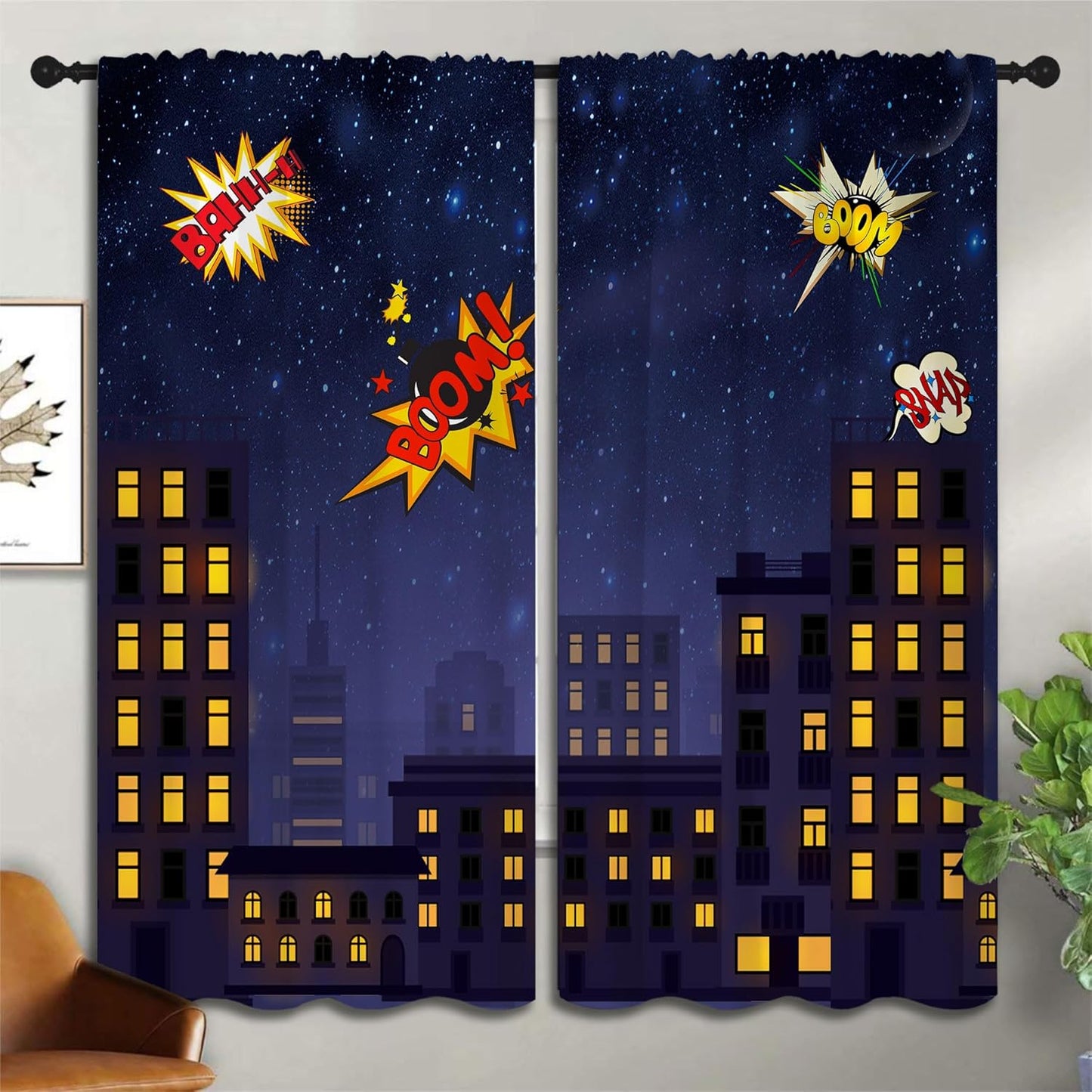 Super Hero Rod Pocket Blackout Curtains for Boy Girl Bedroom, Exploding City Starry Cartoon Skyline Thermal Insulated Home Window Drapes for Living Room Darkening, 72x63 inch