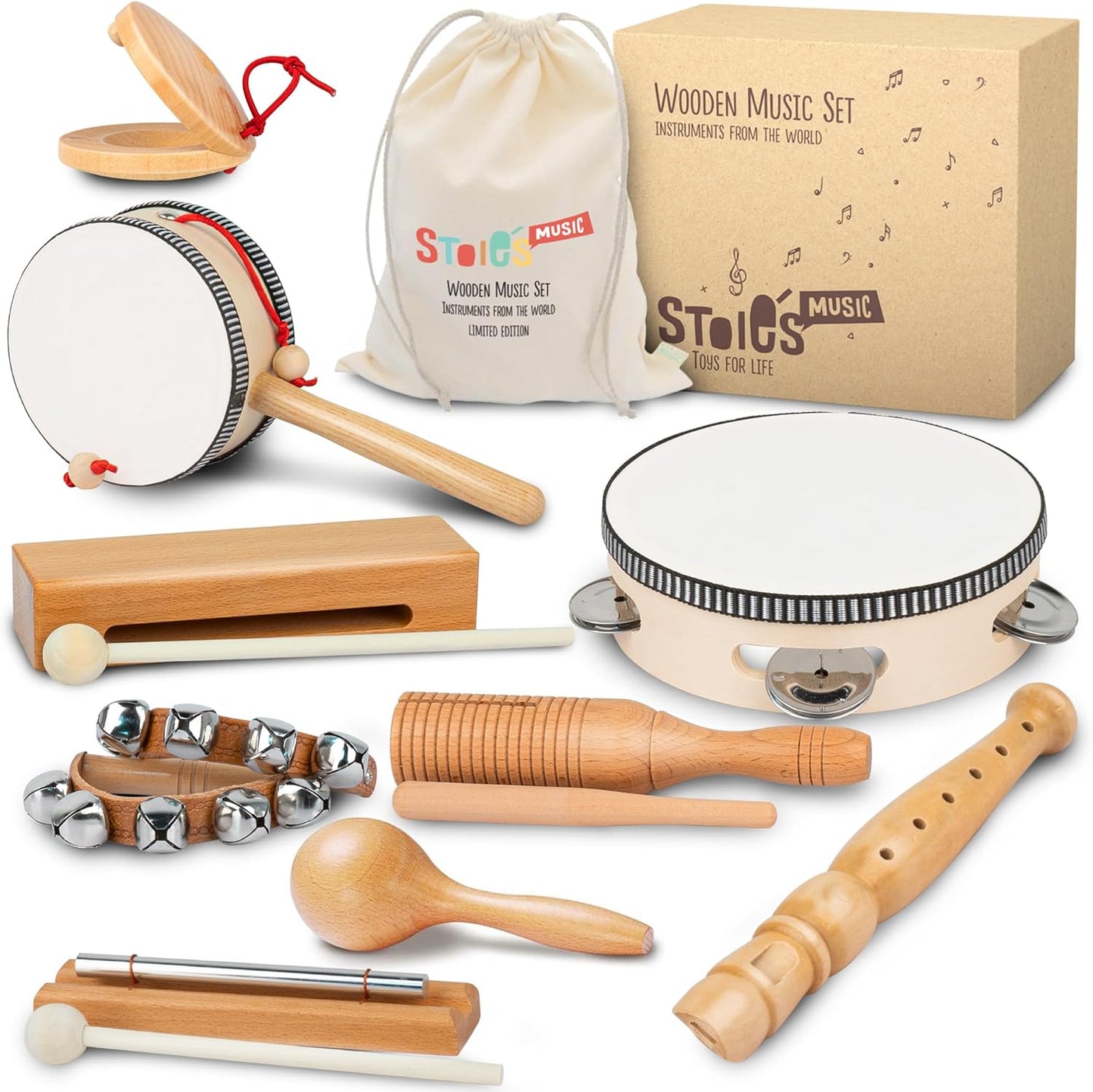 Stoie's Wooden Kids Musical Instruments for 3-9 Years Old, with Drum, Hand Bells, Flute, Maracas, Castanet, Tamburine, for Babies and Toddlers, Durable, Safe, Montessori Educational Toy, Storage Bag