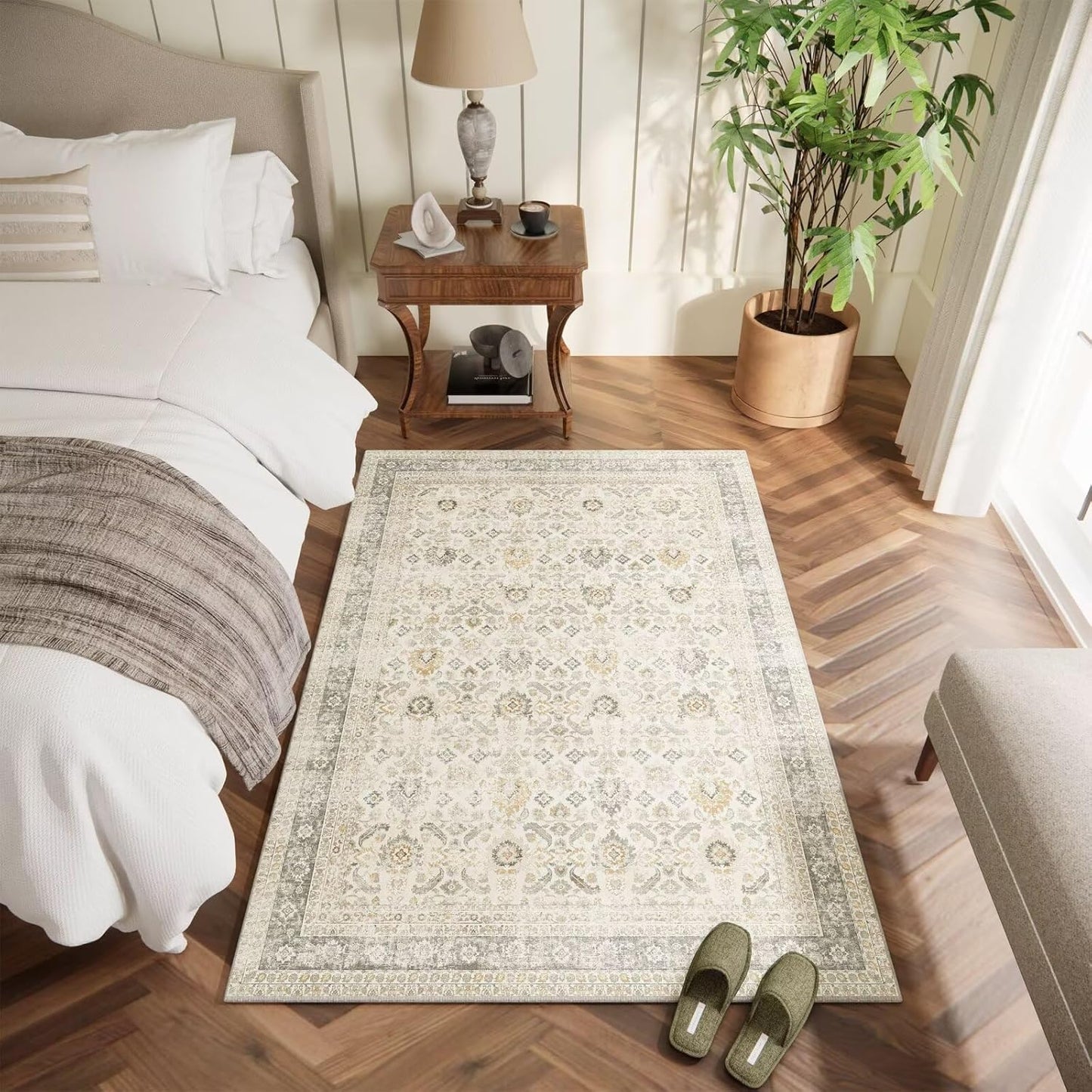 Washable 3x5 Entryway Rug Indoor, Boho Non-Slip Silicone Backing Small Rugs for Kitchen Nursery Office Bedroom, 0.3" Neutral Oriental Throw Carpet with 0.16" Cushioning Pad, Grey/Multi