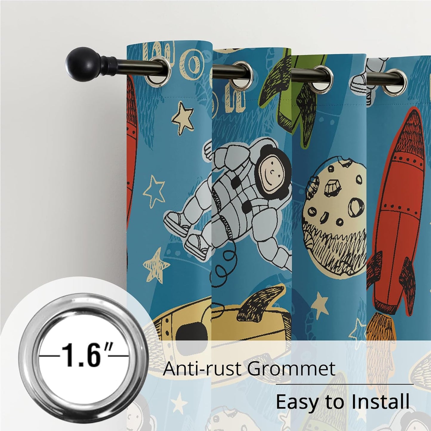 Kids Astronaut and Rocket Blackout Curtains - 100% Blackout, Thermal Insulated, Noise Reducing, Bring The Cosmos Closer to Your Kid’s Room, 2 Panels (Moonbound Adventure, W52×L84)