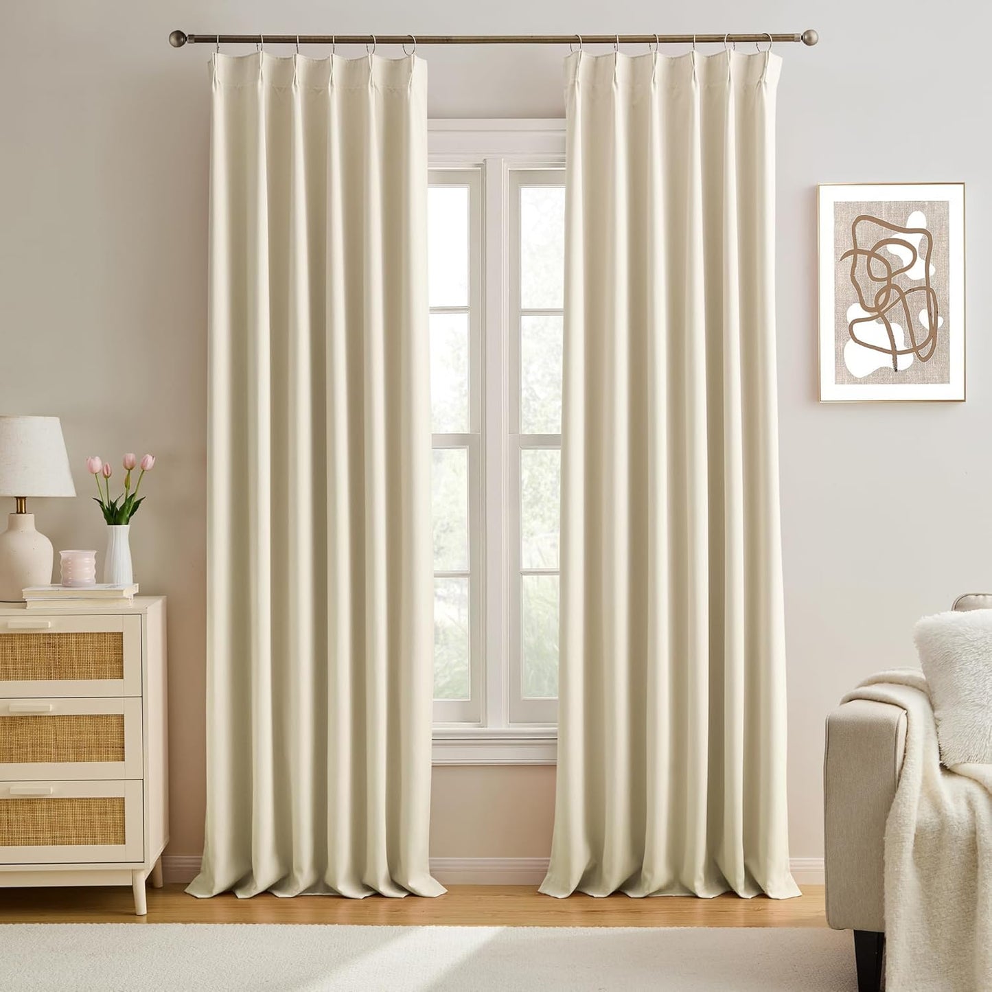 KEQIAOSUOCAI Large Pletaed Curtains 126 Inches Long,(Each 40x2 Panel 80 Widex126 Tall Cream Beige) Extra Length Burg Heat&Cold Blocking Black Out Curtains for Dining Room