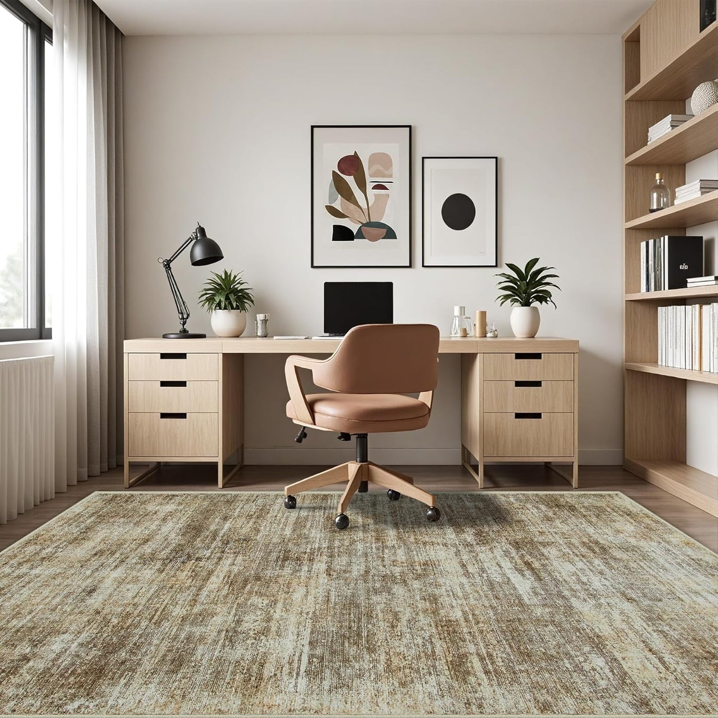 Area Rug 9x12 Washable Rugs: Abstract Large Living Room Rugs with Non-Slip Backing, Thin Carpet for Dining Room Table Bedroom Nursery Indoor Home Office-Brown