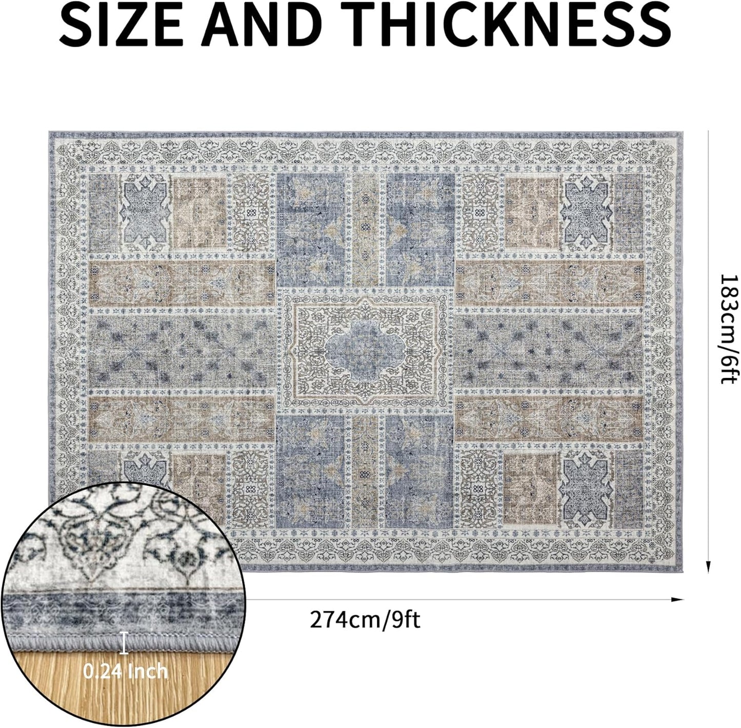 6x9 Area Rugs Washable: Oriental Soft Area Rug for Living Room Bedroom No Shedding - Low Pile Thin Carpet Rug for Dining Room Non Slip - Boho Vintage Rug for Home Decor - Blue Grey