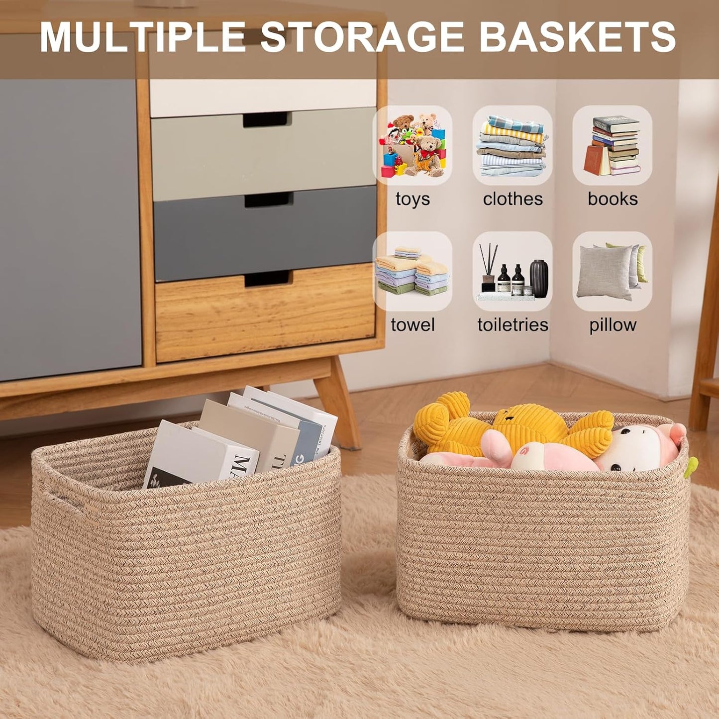 Storage Baskets for Organizing, Woven Decorative Baskets for Shelves - Books, Towels, and Clothes, Cotton Rope Toy Storage Bins, 12.7''Lx9''Wx7.8''H, Pack of 4, Brown