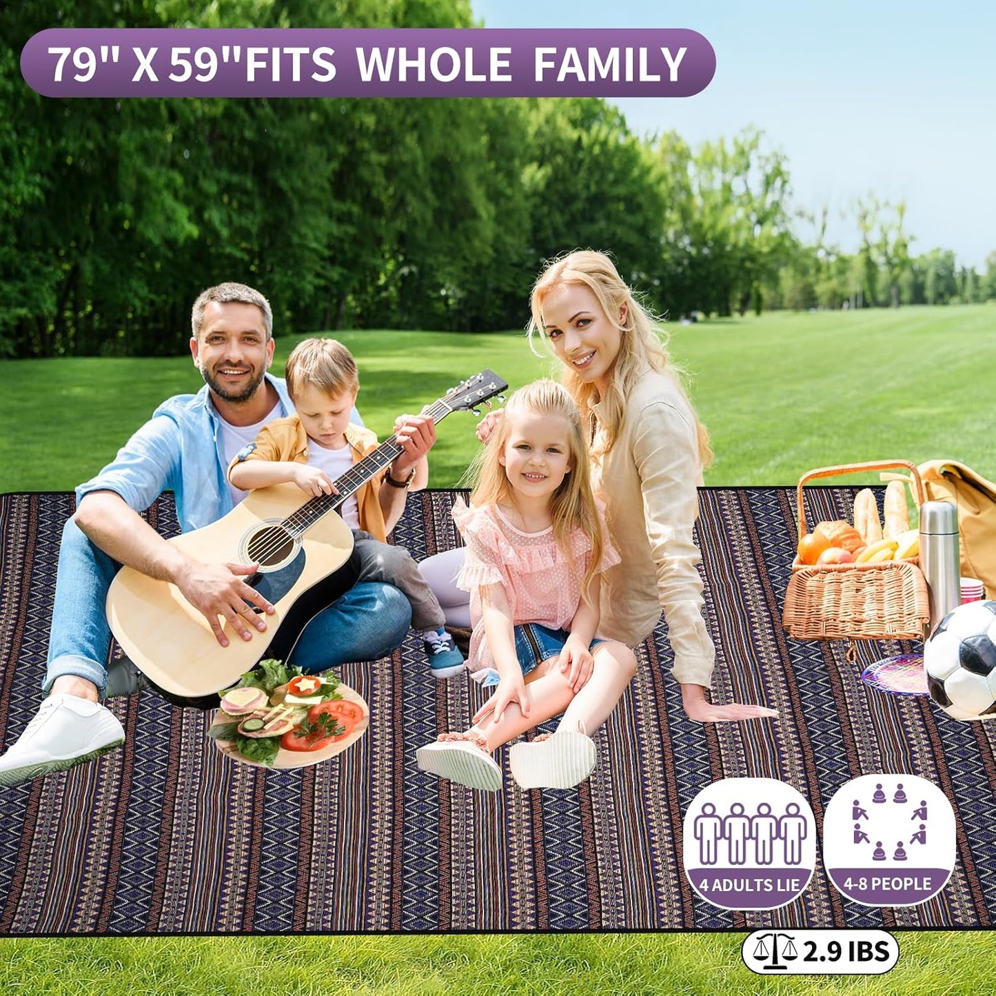 Picnic Blankets Outdoor Extra Large-Waterproof Picnic Blanket with Shoulder Carry Strap | Machine Washable Picnic Mat with Sandproof Backing for Park , Grass, Camping, Hiking, Concerts (Blue)