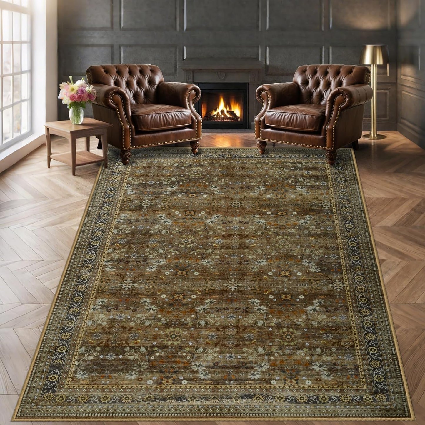 Large 8x10 Washable Area Rug for Living Room, No Shedding Vintage Floral Print Rugs Non Slip, Indoor Foldable Thin Retro Accent Carpet for Bedroom Farmhouse Dining Room Brown/Yellow