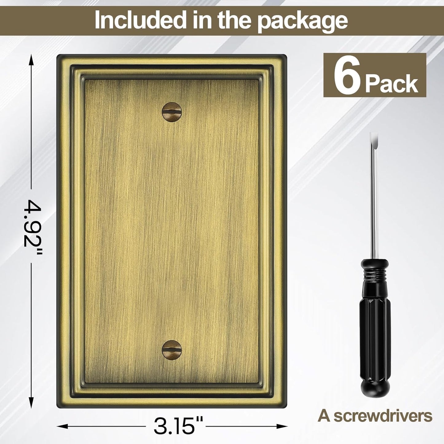 Antique Brass Decorative Blank Light Switch Covers Plate, Metal Material 1 Gang Wall Plates for Blank Light Switch, Single Blank Switch Plate Cover - Classic Style, 6 Pack