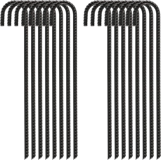 FEED GARDEN 16 Inch 16 Pack Rebar Stakes Heavy Duty J Hook, Galvanized Steel Ground Stakes Tent Stakes Ground Anchors, Chain Link Fence Stakes, Trampoline Stakes, Black