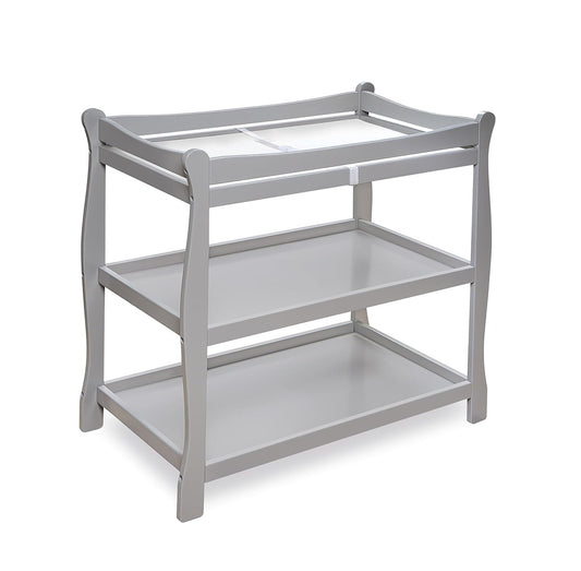 Badger Basket Sleigh Style Baby Changing Table - Nursery Diaper Station with Safety Rails, Foam Pad, and Two Storage Shelves - Nursery Organizer - Gray