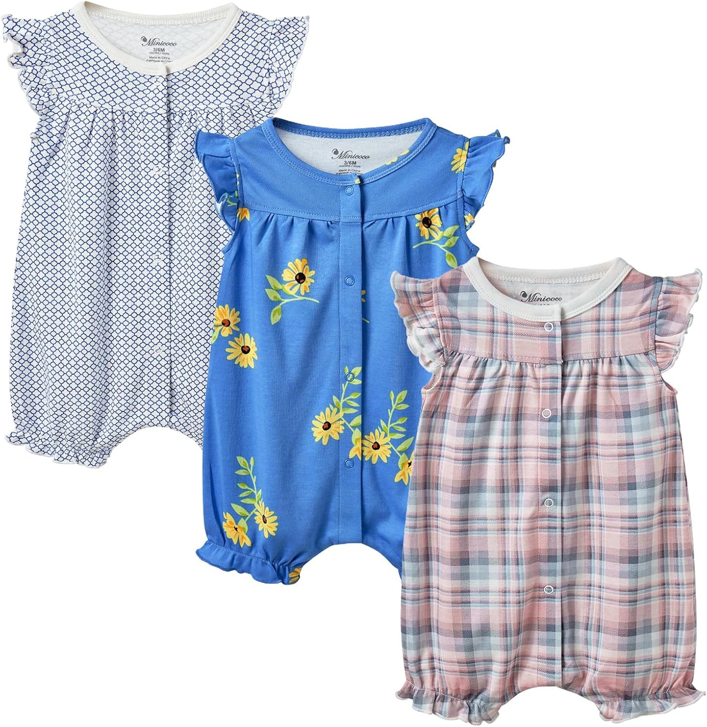 3-pack 100% Cotton Baby Girl Rompers, 0-24 months Ruffle Sleeve Toddler Romper Summer Clothes Set