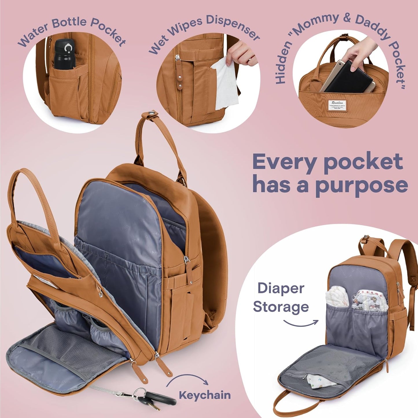 RUVALINO Diaper Bag Backpack-Multifunction Baby Travel Bag with Changing pad, Insulated Bottle Holders & Pacifier Case, Large Capacity, Waterproof, Dark Brown