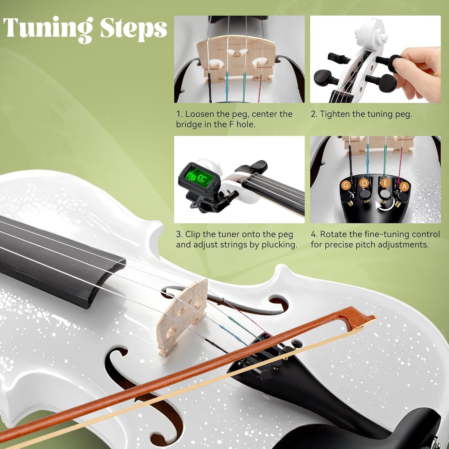 Poseidon Violin for Beginner, Glossy White Violin Set with Acoustic Violin Fiddle for Students Violin Starter Kit/Hard Case, Bow, Rosin, Horse Bridge, Extra Strings, Shoulder Rest, Tuner, Manual