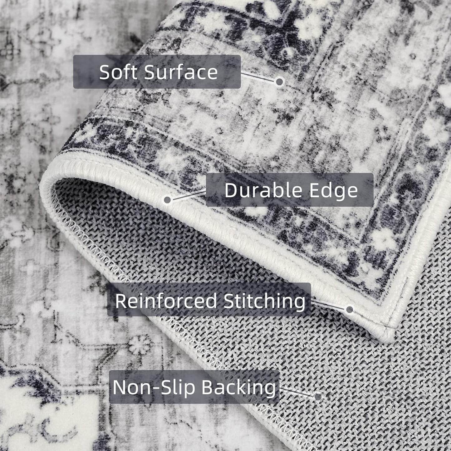 Runner Rugs for Hallway 2x6 Ft Non-Slip Fall Runner Rugs with Rubber Backing Washable Rug Runner for Kitchen Bedroom Vintage Distressed Carpet (Border Grey)