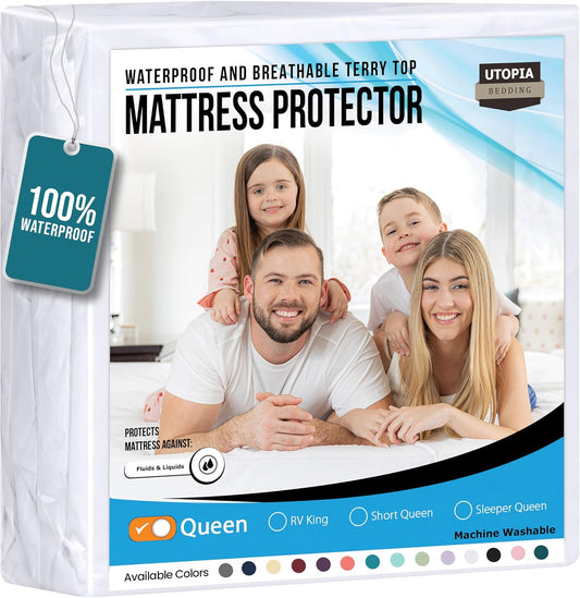 Utopia Bedding Waterproof Mattress Protector Queen Size, Premium Terry Mattress Cover 200 GSM, Breathable, Fitted Style with Stretchable Pockets (White)
