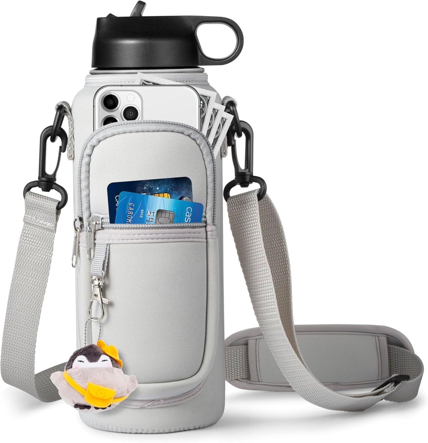 Water Bottle Holder with Strap for Hydroflask 32oz 40oz, Carrier Sling Bag with Phone Pocket Sleeve for Men Women Hiking Camping Travelling (Gray40oz)