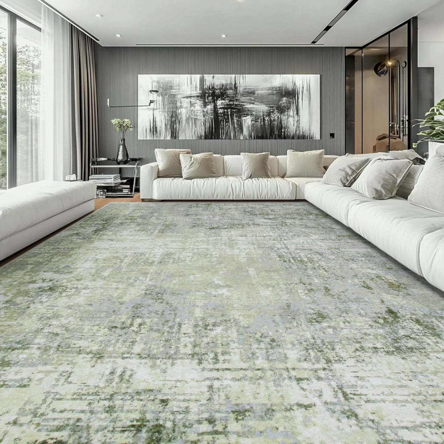 10x14 Area Rugs Large Living Room Rug Washable: Modern Abstract Rug Indoor Modern Carpet Non Slip for Dining Room Bedroom Nursery Home Office Green