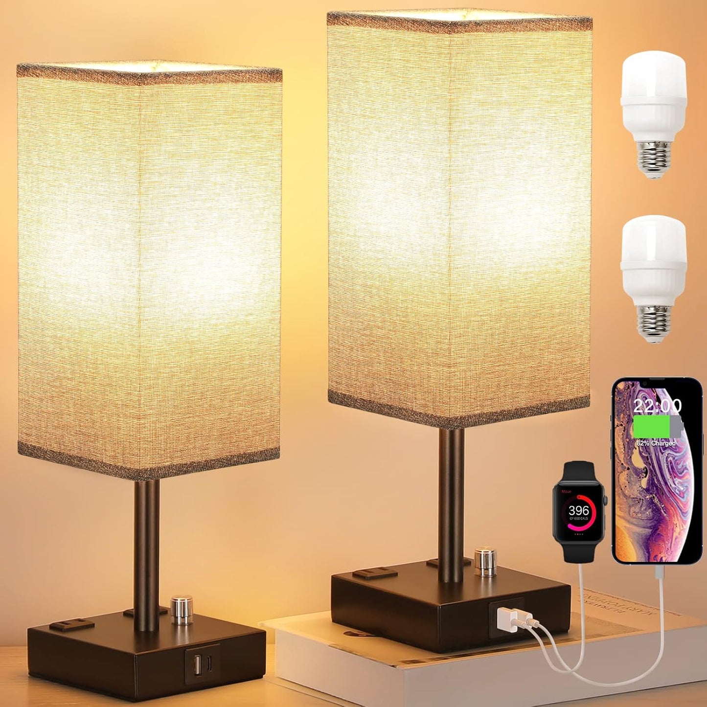 Gray Fully Dimmable Nightstand Lamps Set of 2 - Table Bedside Lamp with USB C+A Charging Ports & 2 AC Outlets, Square Lamp Sets Linen Fabric Shade for Bedroom Living Room(Bulb Included)